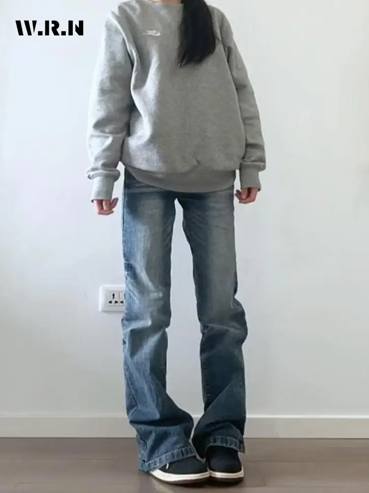 

Retro Full Length Grunge Street Straight Jean Women's Hip-hop Pockets Mop Pants Emo Casual Y2K Washed Blue Denim Trouser