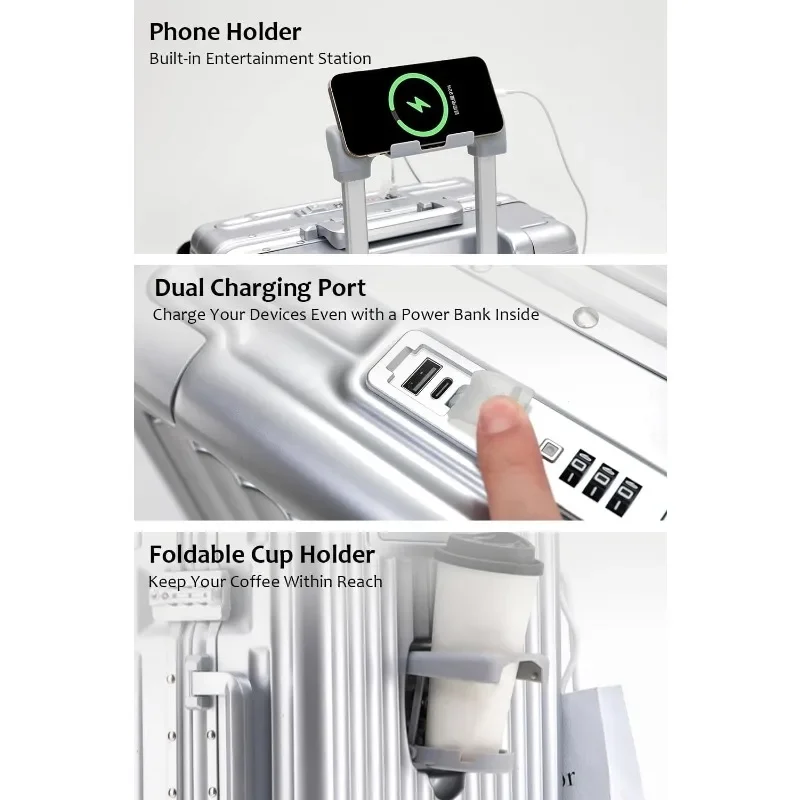 20-inch handbagage met bekertelefoonhouder en laptopcompartiment, pc-koffer met harde schaal