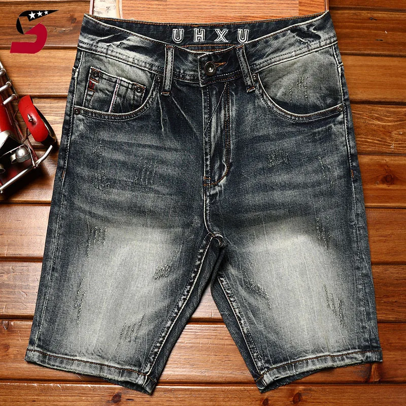 High-end summer denim shorts men's slim-fit stretch casual all-matching fashion street distressed trend motorcycle shorts