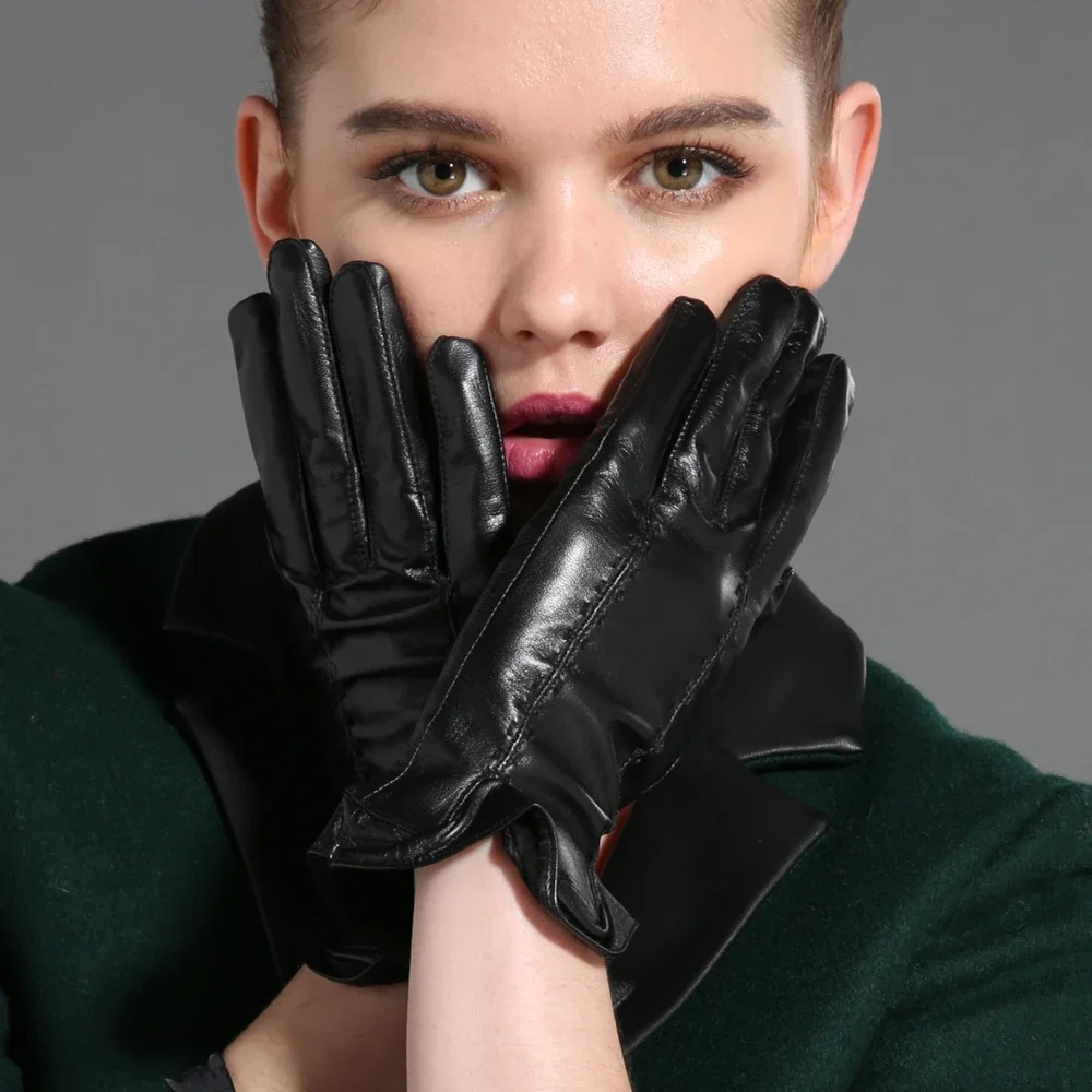 GOURS-guantes de piel auténtica para mujer, manoplas de piel de cabra negra, Forro fino, suave y cálido, para conducir, novedad de invierno, GSL032