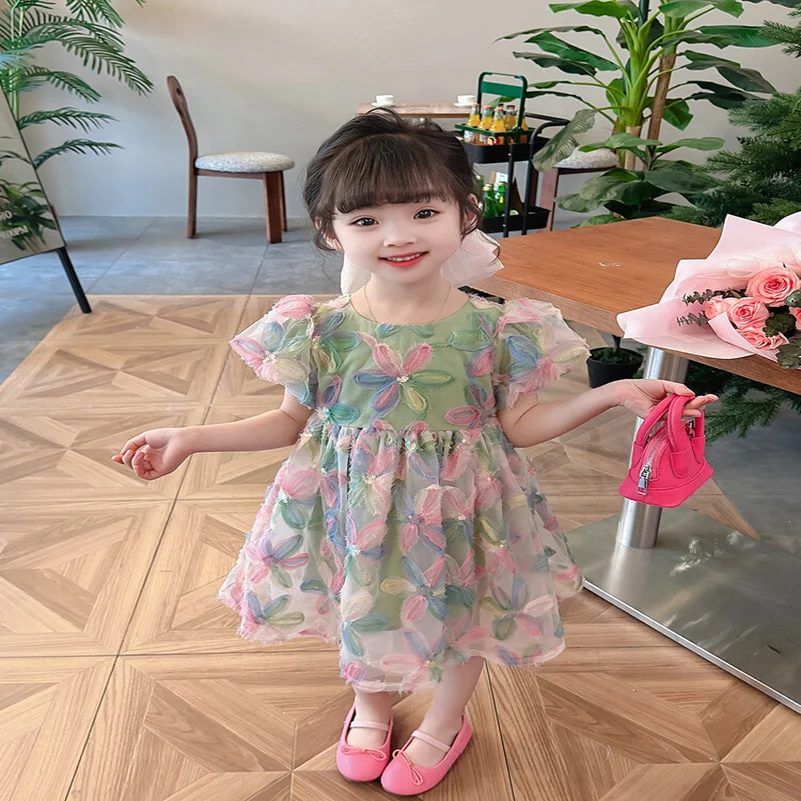 Spring and Autumn Girls Children\'s Fashion Dress Green Bow Print/Round Neck Mesh Princess Dress Children\'s Clothing 1-7 Years