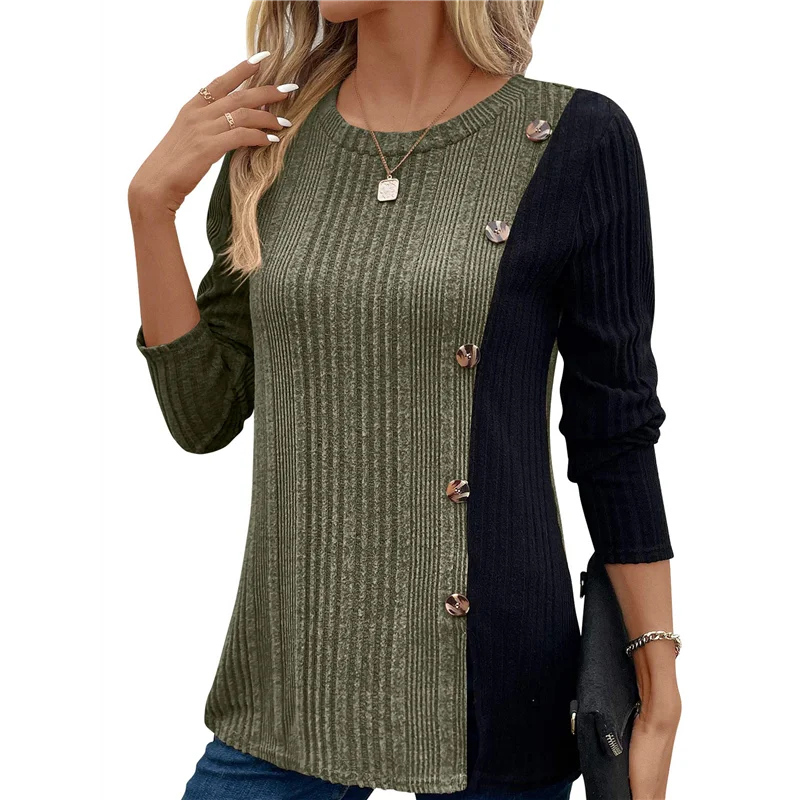 

ASDS-Women's Color Block Button Asymmetric Long Sleeve Shirt, Light Button Trim, Side Slit Waist Top
