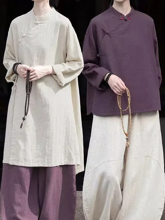 Setelan Zen Wanita dari Katun Linen Kasual Longgar dengan Pakaian Pendeta Buddha Tradisional Tiongkok...
