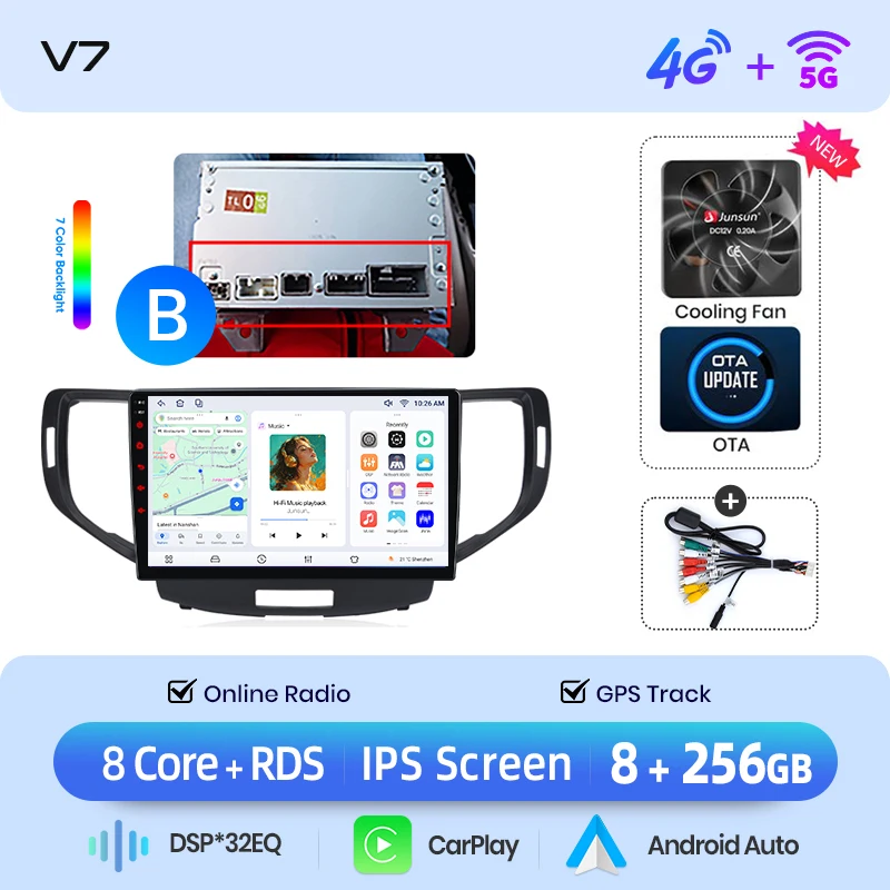 Junsun Draadloze CarPlay Android Auto Autoradio voor Honda Accord Mk8 (CU/CW) 2008-2013 Ingebouwde Koelventilator Android GPS Navigatie Multimedia Speler WiFi DSP RDS BT SWC IPS Touchscreen Autoradio