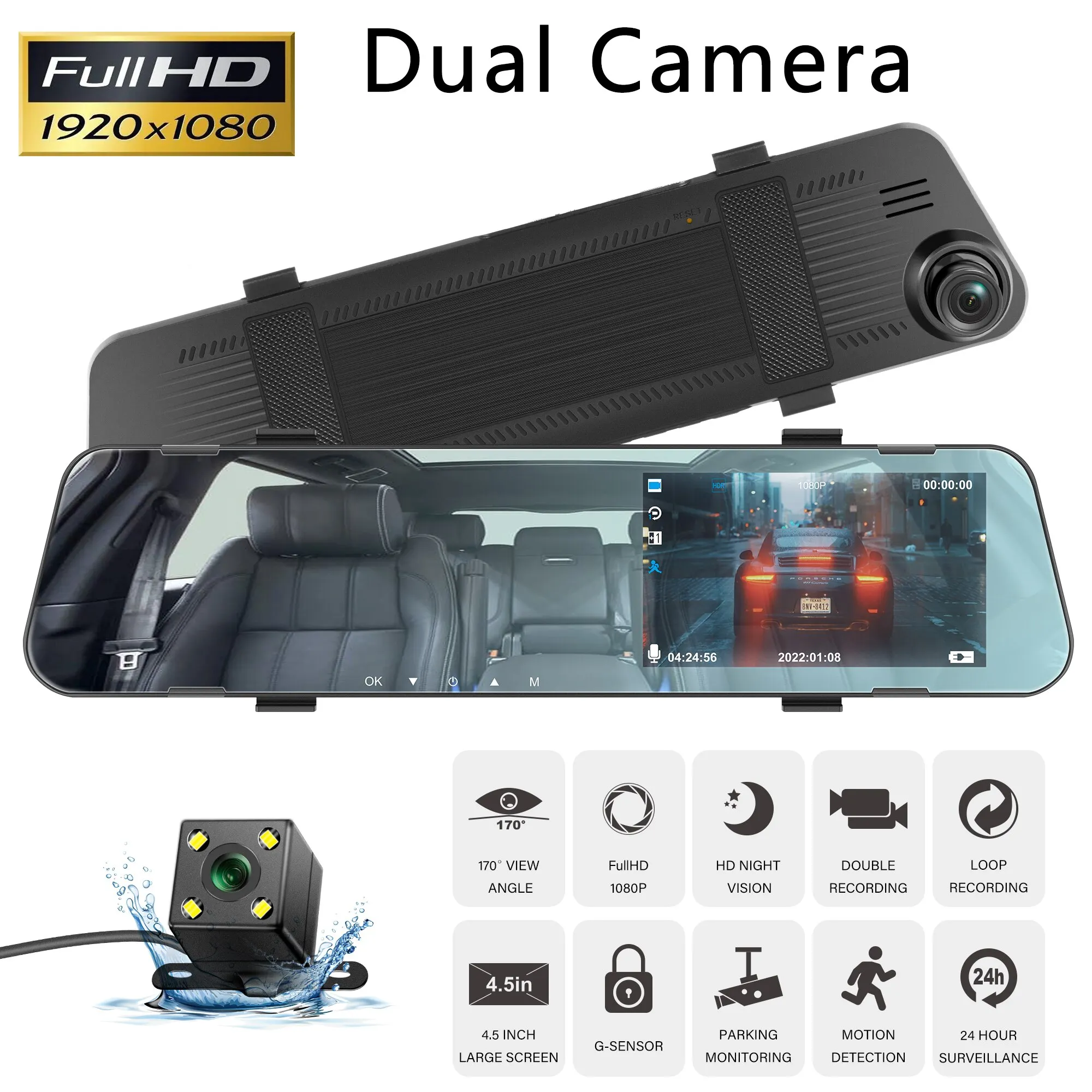 4.5In perekam cermin HD 1080P kamera dasbor mobil lensa ganda Video hitam kotak mobil DVR kamera dasbor rekaman putaran