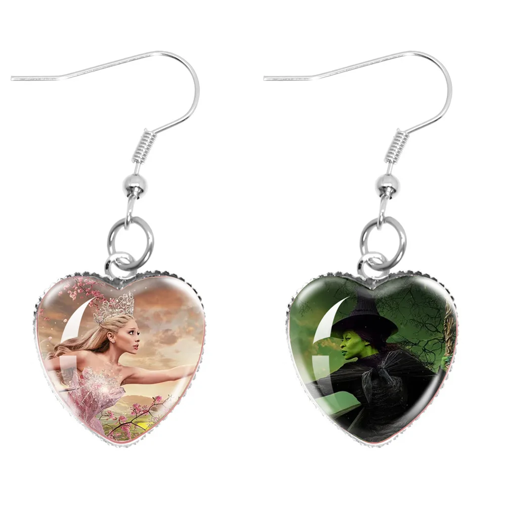 The Movie Wicked Elphaba&Linda Cosplay 20MM Glass Cabochon Peach Heart Ear Pendants Accessories Earring Jewelry Gift