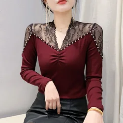 New Autumn Winter Long Sleeved V-Neck Women's T-Shirt Elegant Slim Sexy Hollow Out Beading Mesh Tops M-3XL Clothing