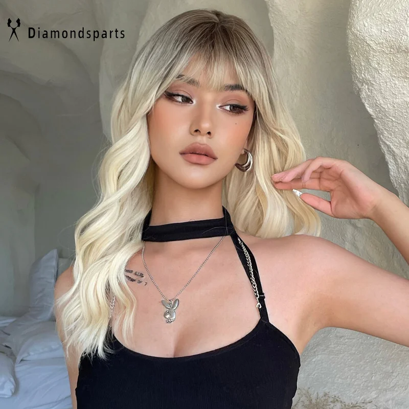 Women Long Wavy Platinum Blonde Hair Wigs with Bang Synthetic Wig Fanshion Daliy