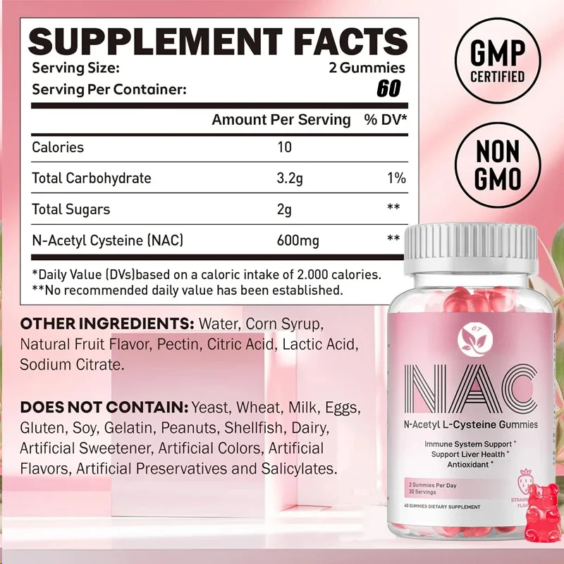 Nac Gummies 600 mg, suplementos de acetilcisteina para antioxidantes y apoyo inmunológico, salud de las pulpos y el hígado, sabor natural de fresa