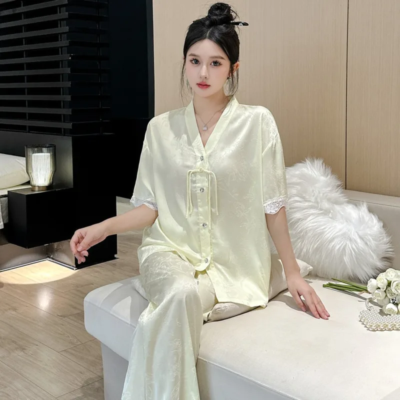 Temperament Luxury Summer New Antique Pajamas Women Ice Silk High-order Jacquard Short-sleeved Cardigan Three-piece Pyjamas Sets