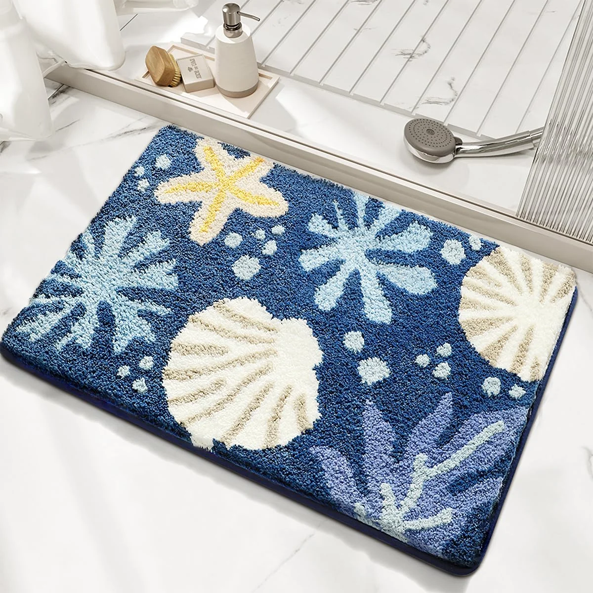 VIKAMA Faux Cashmere Bathroom Mat Entrance Anti Slip Water Absorbent Cartoon Starfish Shell Carpet Home Decoration view 4
