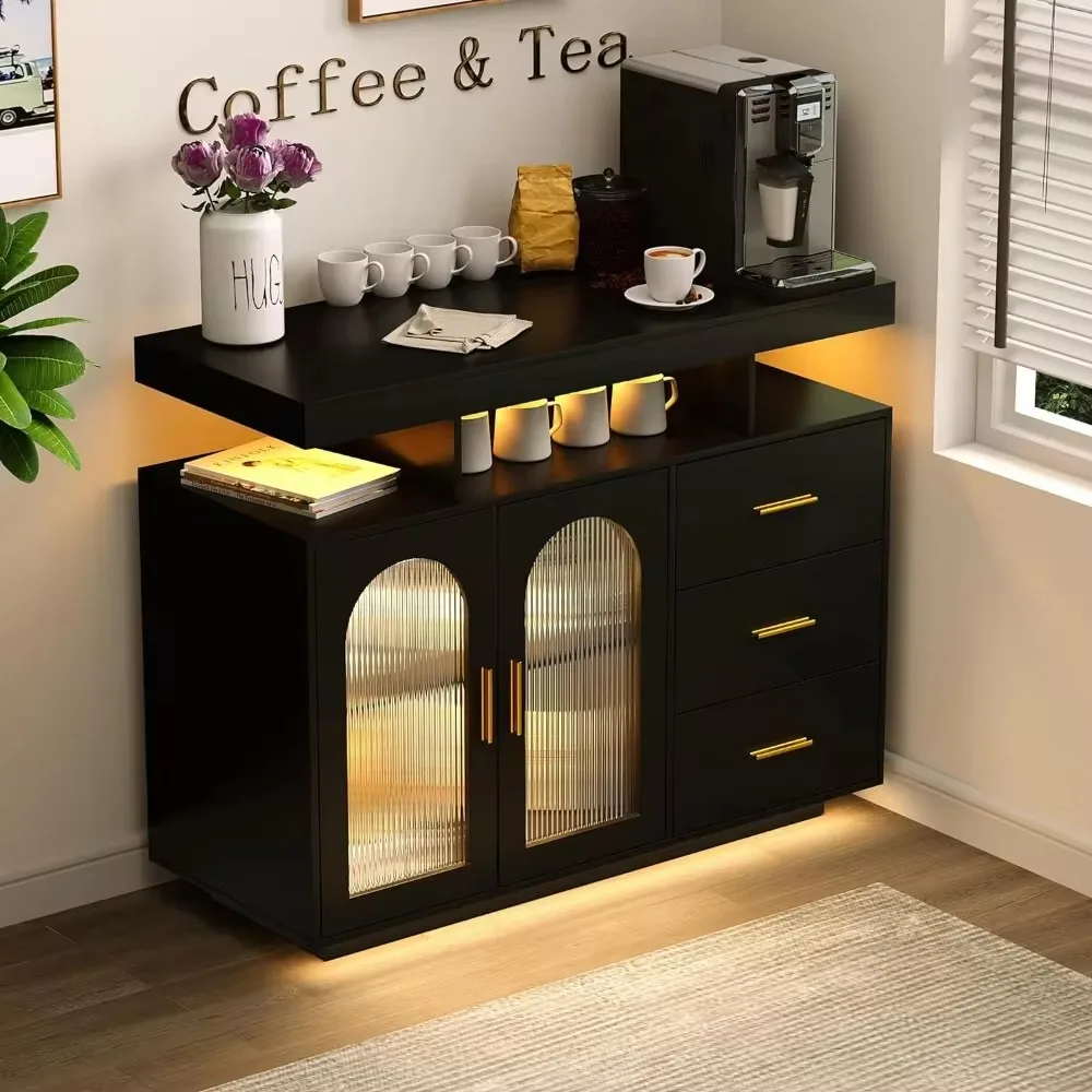 RGB LED Coffee Bar Cabinet Kitchen Storage Cabinet & Sideboard Buffet Cabinets - Wood Coffee Bar Table with Shelf Capacity for