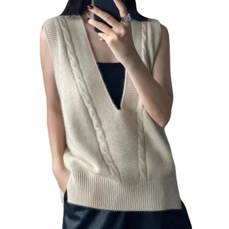 100% Andy Velvet Vest Autumn/Winter Women\'s Big V-neck Sweater Hoodie Vest Casual Knitted Twisted Top Sleeveless Korean T-shirt