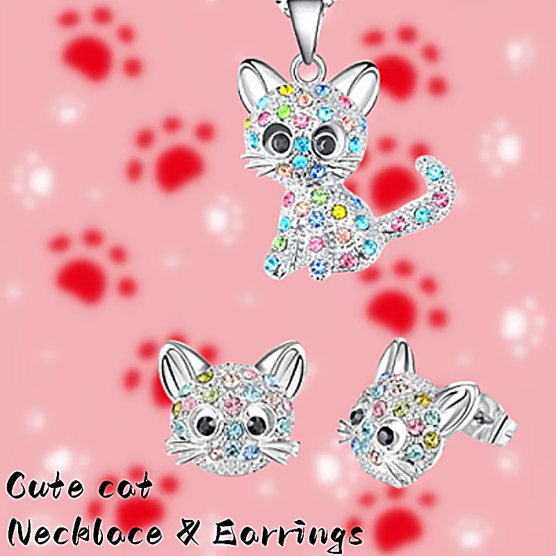 Colorful Rhinestone Decor Kitty Pendant Necklace Earring Set Elegant and Fashionable Jewelry Accessories for Womenniche Style,