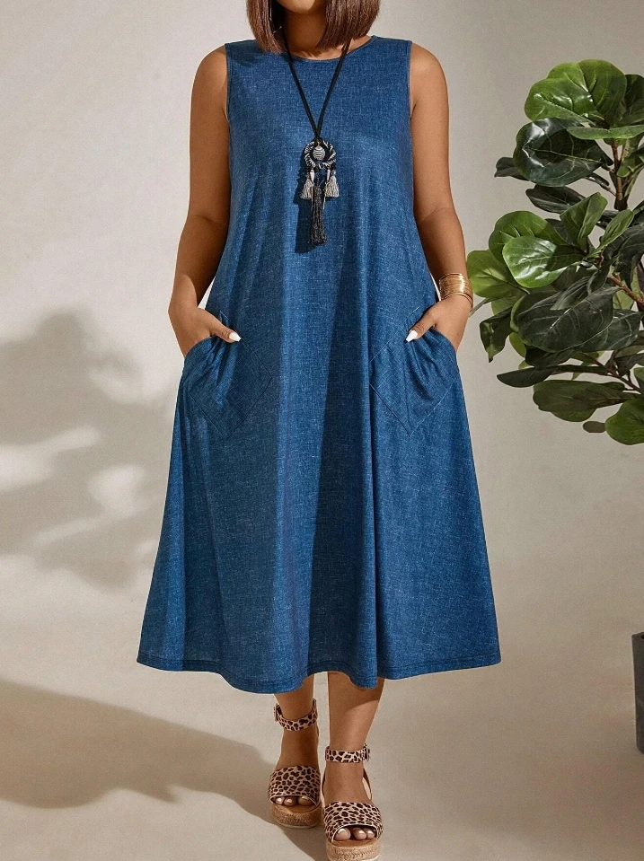 

Fashion Summer Dresses 2024 Women's Plus Size Dress O-Neck Sleeveless Pocket Denim Dress Loose Casual Fashion Women's Long Dress