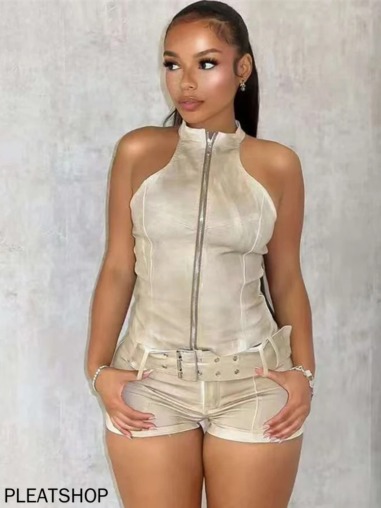 

Distressed Style Denim 2 Piece Set Women Zipper Cardigan Sleeveless Crop Top+Skinny Shorts Hottie Street Hipster Suit
