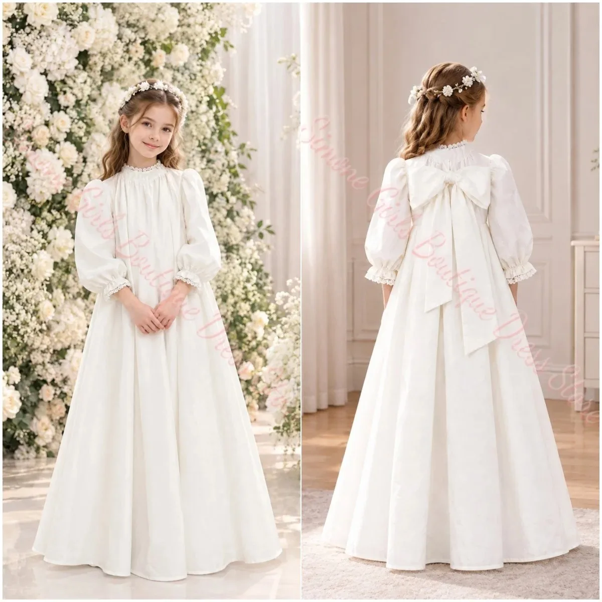 Großhandel Maßgeschneidertes Mädchenkleid mit Spitzenausschnitt, Prinzessinnen-Satin-Plissee, Hochzeits-Blumenmädchenkleid, Hohe Taille, Puffärmel, Kommunion, Geburtstag – Detail 7