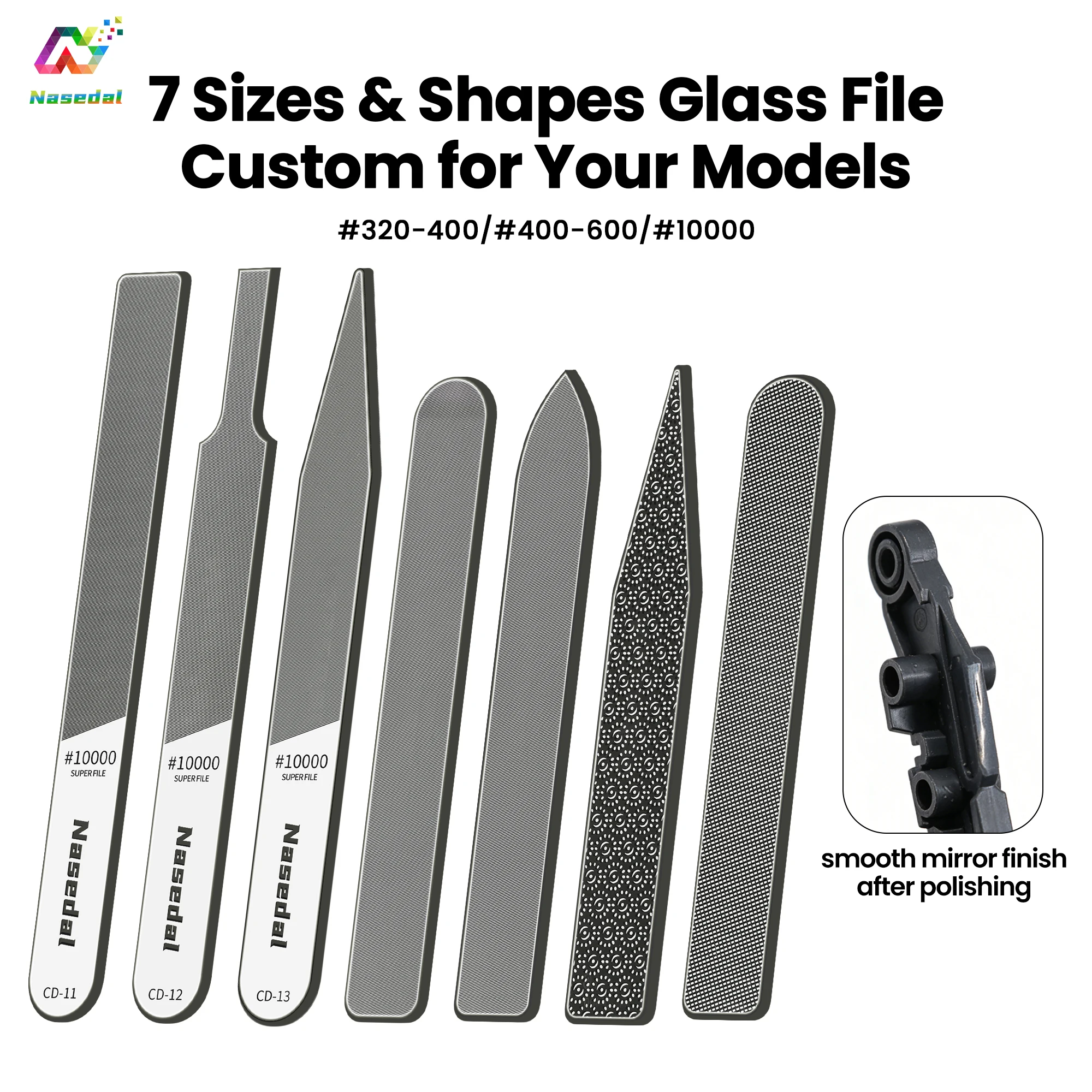 Nasedal 7Pcs Hobby Model Nano Glass File Kit #320 to #10000 Grits Ultra Fine Mirror Sanding Files Precision Polishing Tools for Gunpla Building Miniature Scale Model 3D Printed Plastic Wood Resin Parts PLA PETG Prints Craft Detailing Finishing File