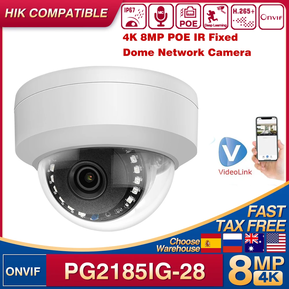 

Совместимая с Hikvision 4K 8MP POE IR30m фиксированная купольная сетевая камера со встроенным микрофоном Plug &Piay с поддержкой HIK NVR Onvif