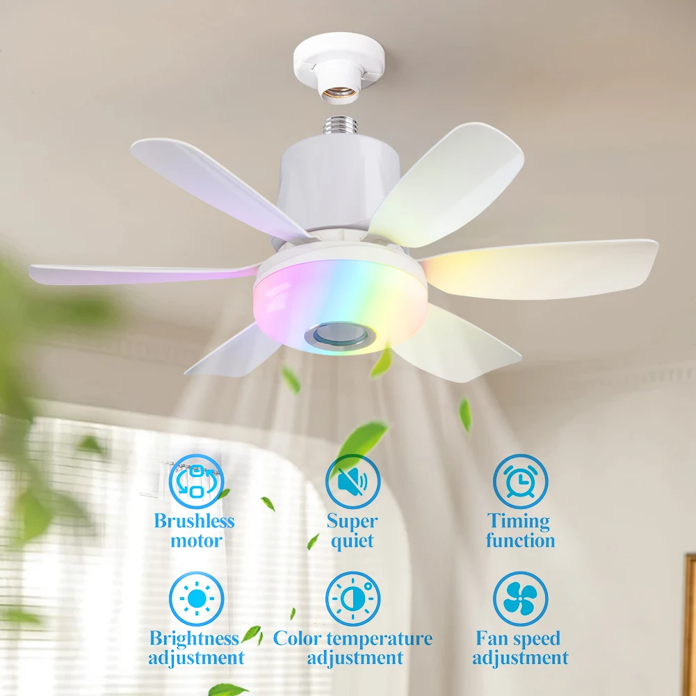 

Socket Fan Light with Remote Ceiling Fan with Light Adjustable Wind Speed Timing Wireless Fan Dimmable RGB Light for Home Office