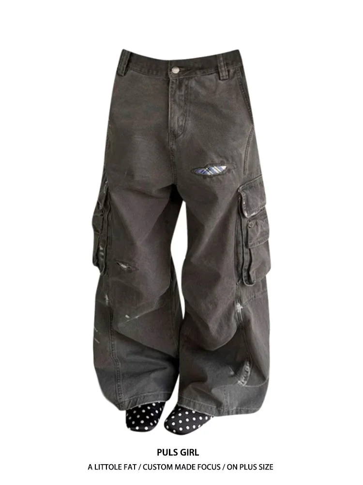 

Женские джинсы большого размера в американском уличном стиле, с эффектом потертости и пэчворком, свободные, широкие, длинные брюки