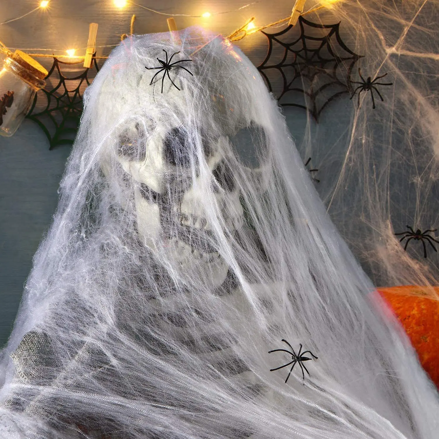Halloween künstliches dehnbares Spinnennetz mit Spinnen Dekoration für Gothic Geisterhaus Party Horror gruselige Requisiten Accessoires realistisch langlebig perfekt für Innen Außen Halloween Partys und schaurige Dekor – Detail 13