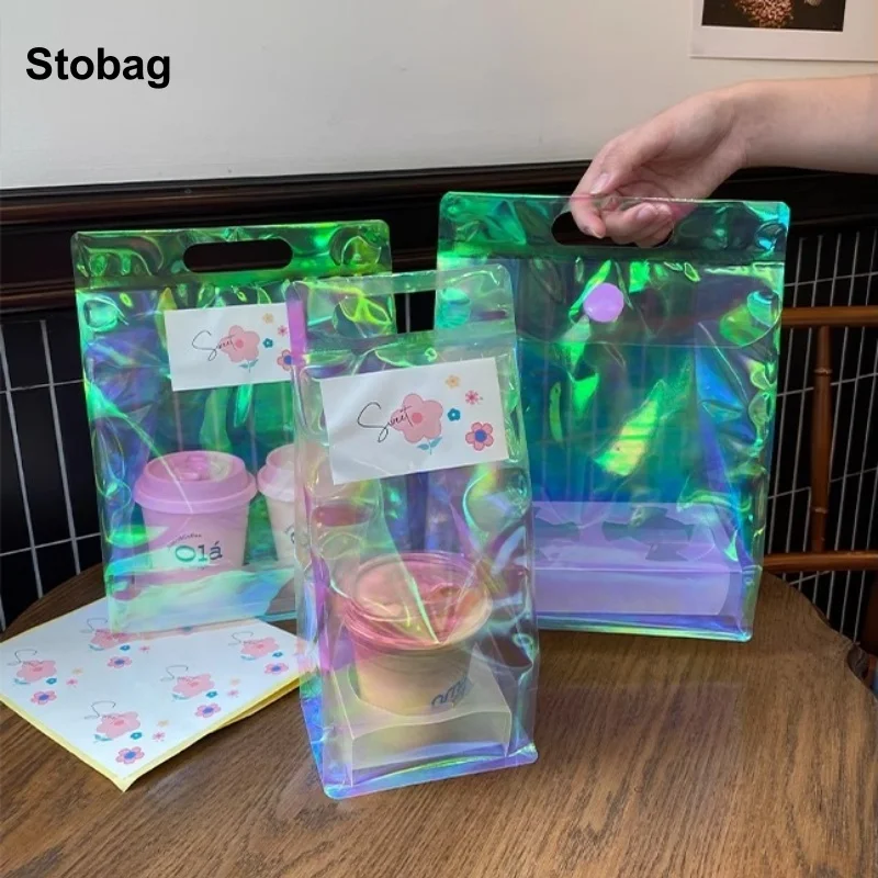 StoBag 10pcs Laser Transparent Insulation Tote Bag Clear for Coffee Drink Food Package Keep Warm Cold Delivery Portable Pouch