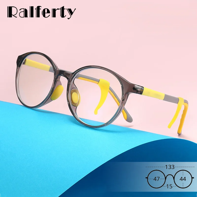 Ralferty tr90 crianças armações de óculos 0 dioptria anti azul computador menina menino criança óptica miopia óculos quadro claro redondo oculos