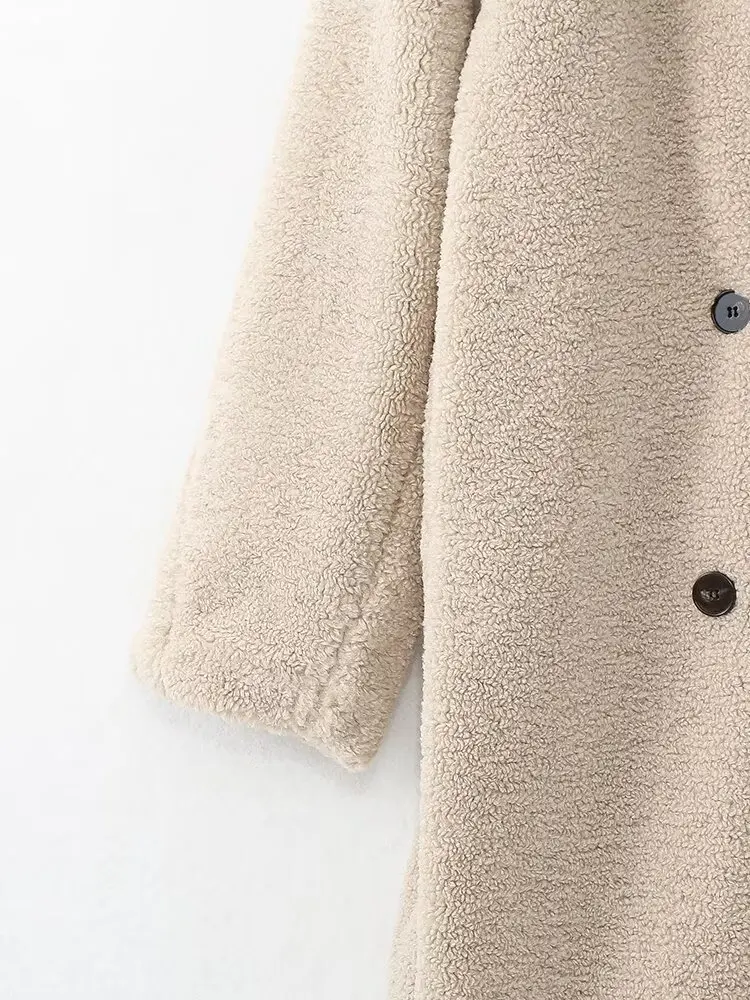 Women Faux Wool Warm Long Coat Solid Long Sleeves Lapel Double Breasted Hidden Pocket Oversize Overcoat Winter New Female Coat