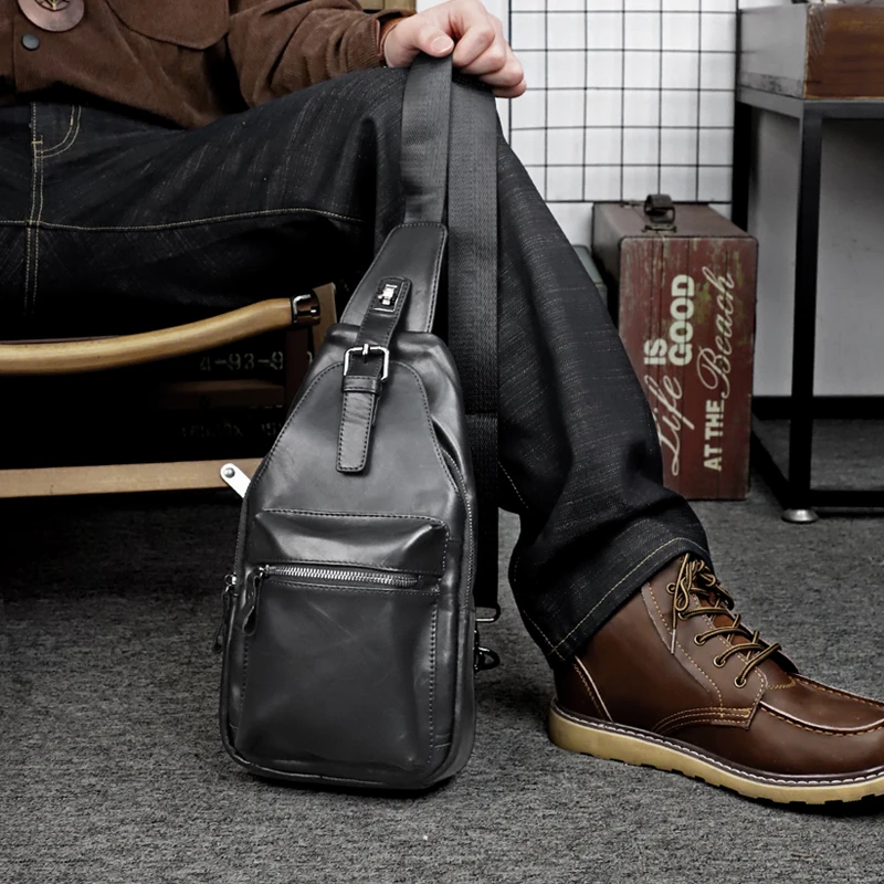 

Sport Bag Cowhide Chest Bags for Men iPad Mini Cow Leather One Shoulder Bags Male Anti Theft Chest Pack Sling Bag for Men