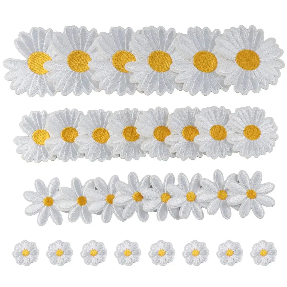 30PCS Daisy Flower Shape Iron On Patches,White Daisy Embroidered Patch,Cute Flower Delicate Embroidered Appliques for Clothes