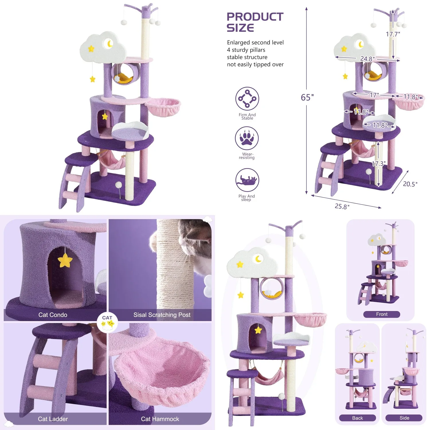 

Cute Tower 65 Inches, Unique Cat Tree Large Tall for Indoor Cats, Purple Pink Cloud Big Cat Tree Cat Castle, Customized