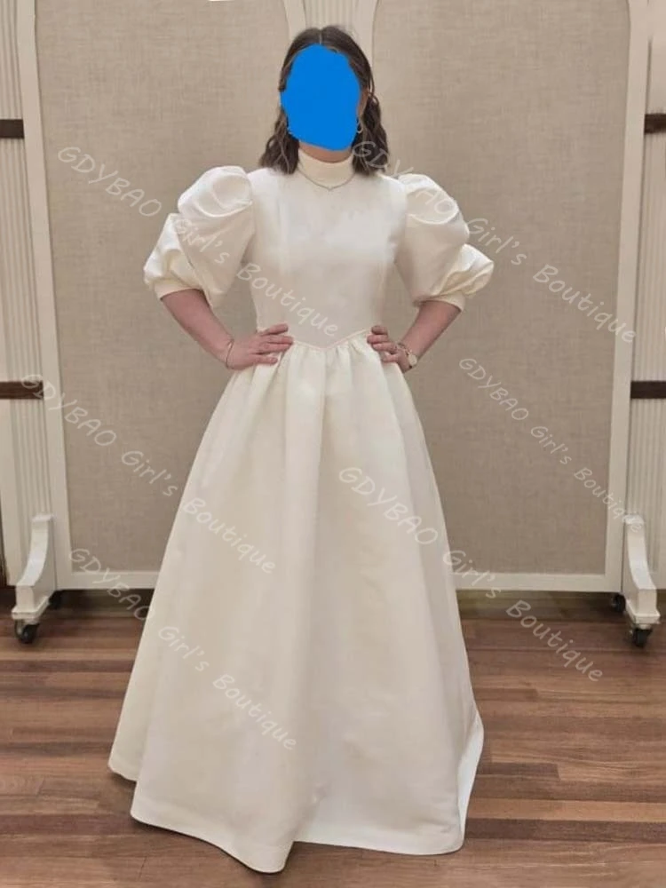 

Винтажное женское атласное вечернее платье с высоким воротом и воздушными рукавами, платье для сестры невесты для свадебного гостя, официальное платье на заказ