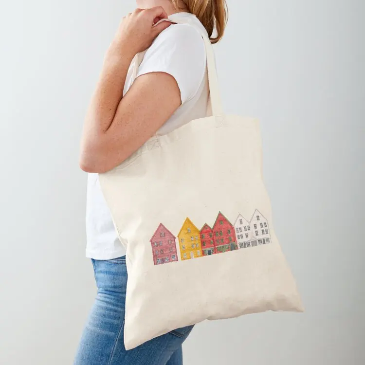 

Bryggen, Bergen - Watercolour Tote Bag reusable shopping bags Big bag women canvas tote bag eco folding