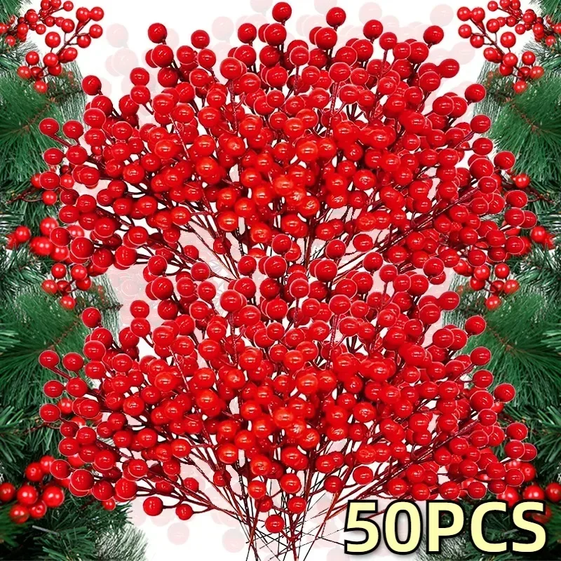 Rama de bayas de acebo rojas de Navidad, tallos artificiales de simulación de flores falsas, corona DIY, decoración del hogar para fiesta de Navidad, 50/5 piezas