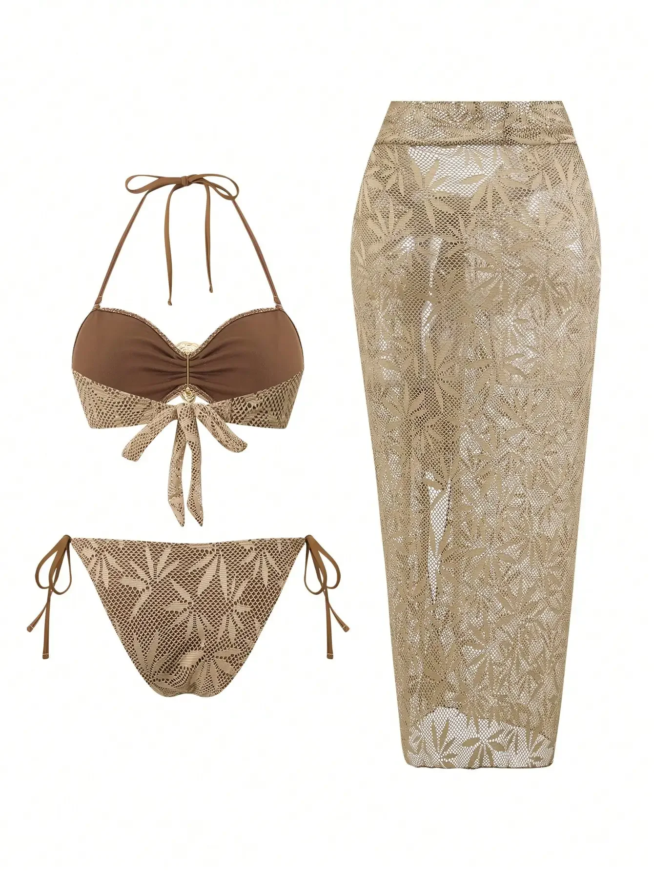 Women 3 Piece Lace Swimwear Set With Skirt Beach Resort Style