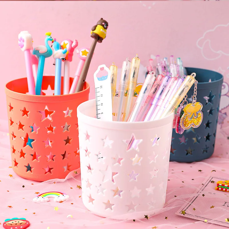 Creative Hollow Stars Pen Pencil Pot Holder Brush Storage Container Desk Organizer Plastic Stationery Pen Holder Office Supplies