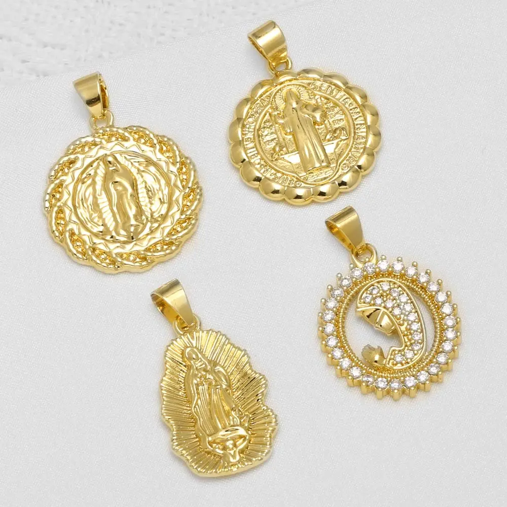 OCESRIO Virgin Mary San Benito Medal Gold Plated Copper Catholic Religious Pendant for Necklace Jewelry Making Component pdtb994