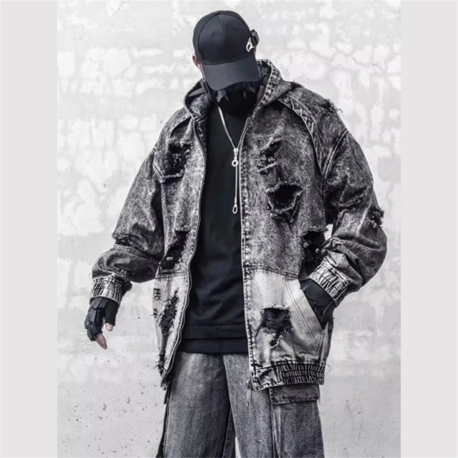 Mens Black Denim Jackets Ripped Hole Y2K Hooded Jacket Coats Men Streetwear Hip Hop Tactical Harajuku Punk Jackets Mens Clothing