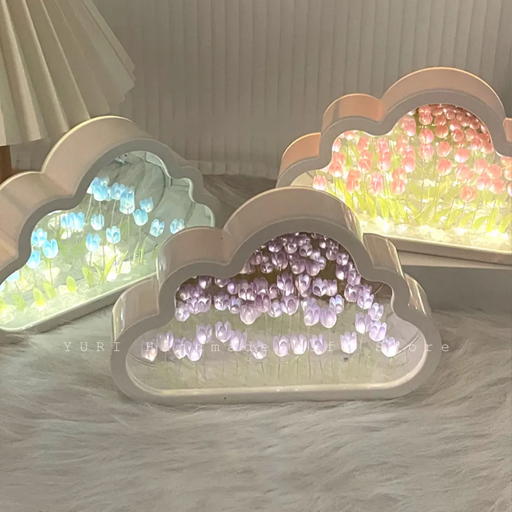 Cloud Tulip Night Light Handmade DIY Material Flower Home Decor Mirror Creative Atmosphere Lamp Birthday Gift Valentine\'s Day