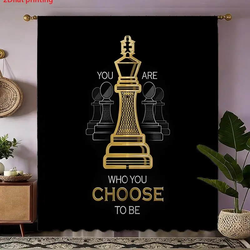 Golden Chess King Curtains, Inspirational Quote Print Drapes, Black Strategy Game Room Study Window Treatment Decor