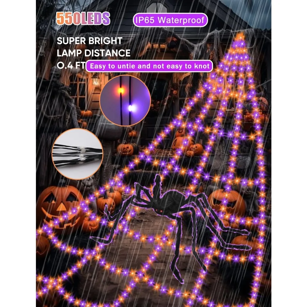 Luces decorativas de Halloween de telaraña, luces gigantes para exteriores, 8 modos, resistente al agua y temporizador, 550 LED