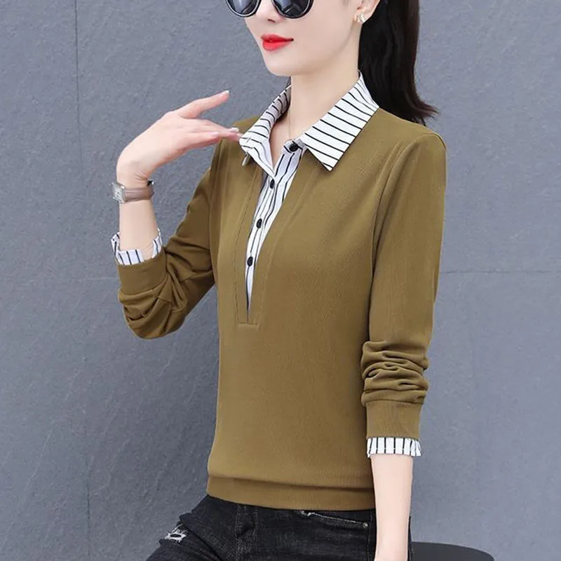 2024 Women\'s New Spring Autumn Korean Version Polo-Neck Button Spliced Fashion Loose Casual Long Sleeve Fake Two Shirts Tops