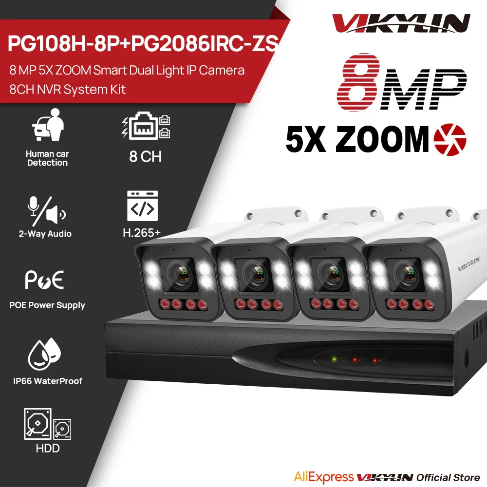 

VIKYLIN 8MP 5x zoom 2-way Audio IP camera 4PCS SET 8CH POE NVR Video Recorder Smart Human vehicle Detection CCTV security system