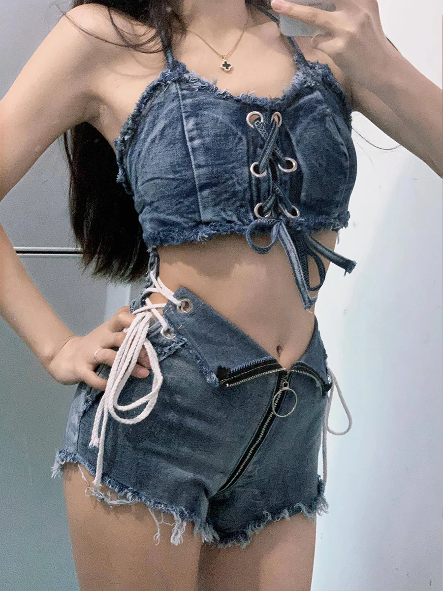 Celana Pendek Denim Pinggang Tinggi Seksi Celana Pendek Musim Panas Musim Gugur Wanita Celana Jeans Wanita Super Store Kancing Kain Bergaris