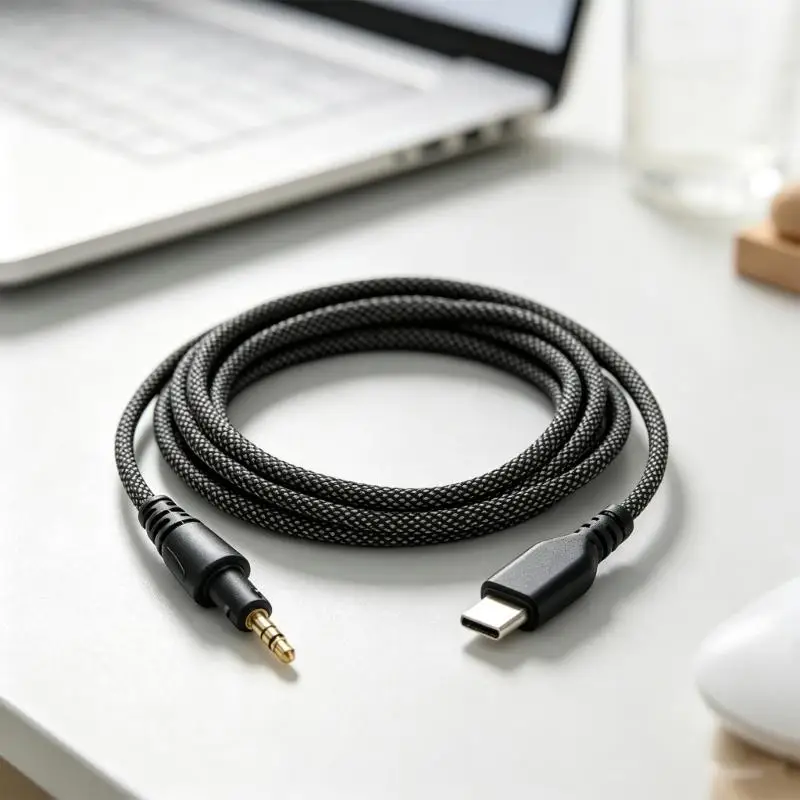 Q6PA Over-Ear Headphone Replacement Cable with 3.5 mm End and USB Type C End, 150 Cord with Textile Outer Cover for