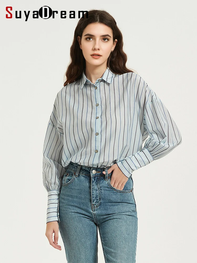 

SuyaDream, Women Striped Shirts, Loose Chic Blouses, Drop Sleeved, 30%Silk 70%Cotton, 2026 Spring Summer Printed Top, Light Blue