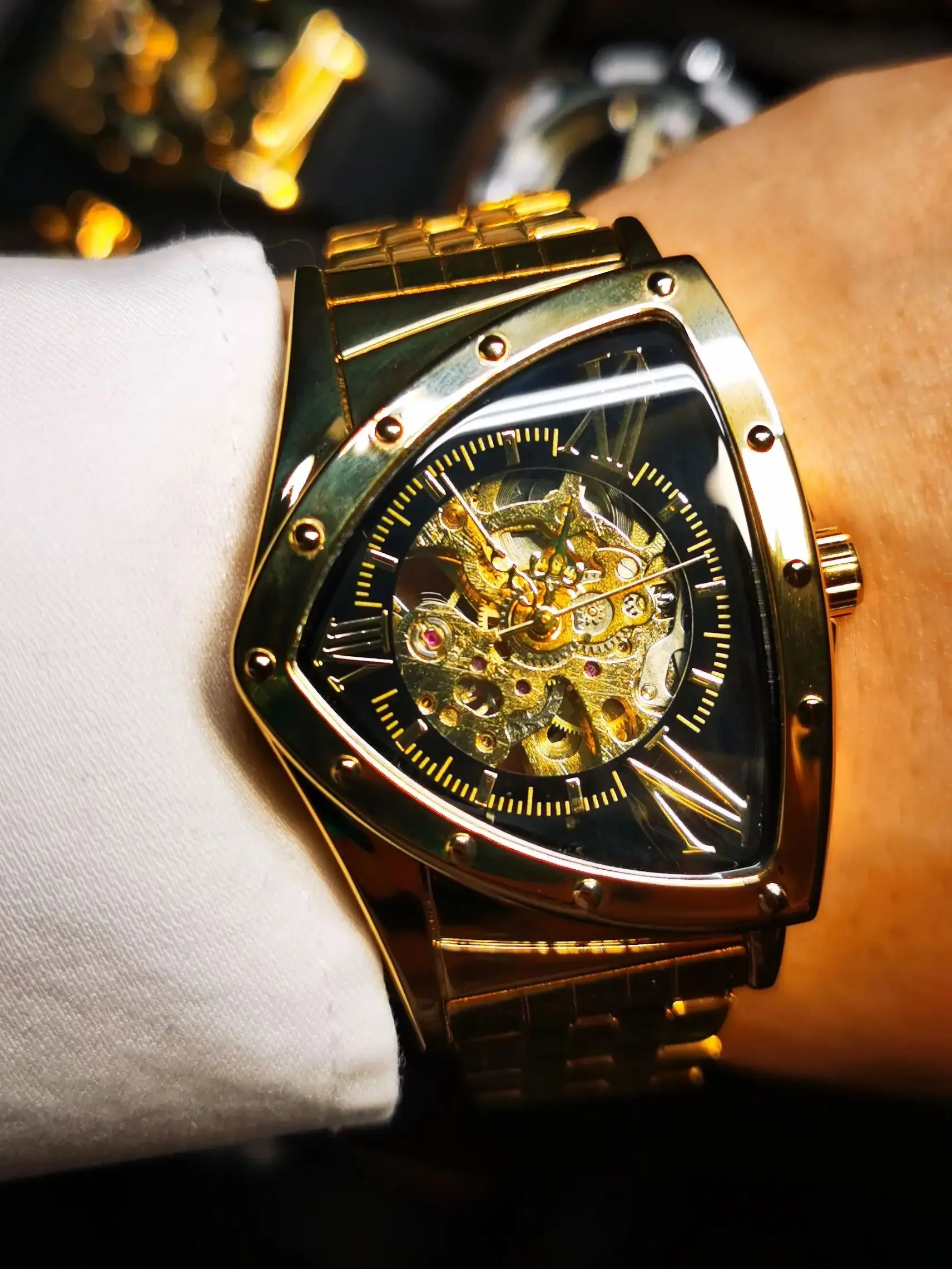 الفائز-ساعة يد رجالية ، فاخرة ، ذهبية ، فولاذ مقاوم للصدأ ، هيكل عظمي ، ميكانيكية ، رياضية