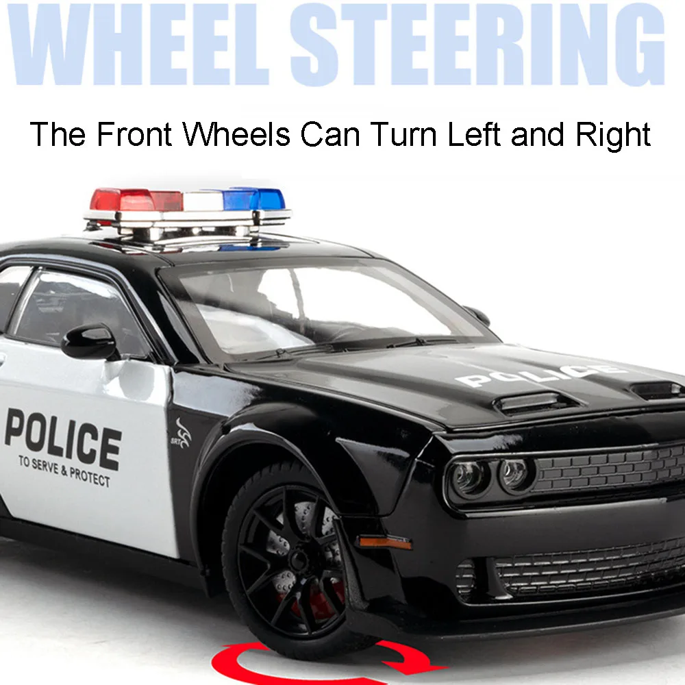 1:24 Model Auta Policyjnego Hellcat, Zabawki, Odlew ze Stopu, Challenger SRT, Samochody Sportowe, 4 Otwierane Drzwi, Dźwięk, Światło, Napęd Pull Back, Prezent dla Dzieci