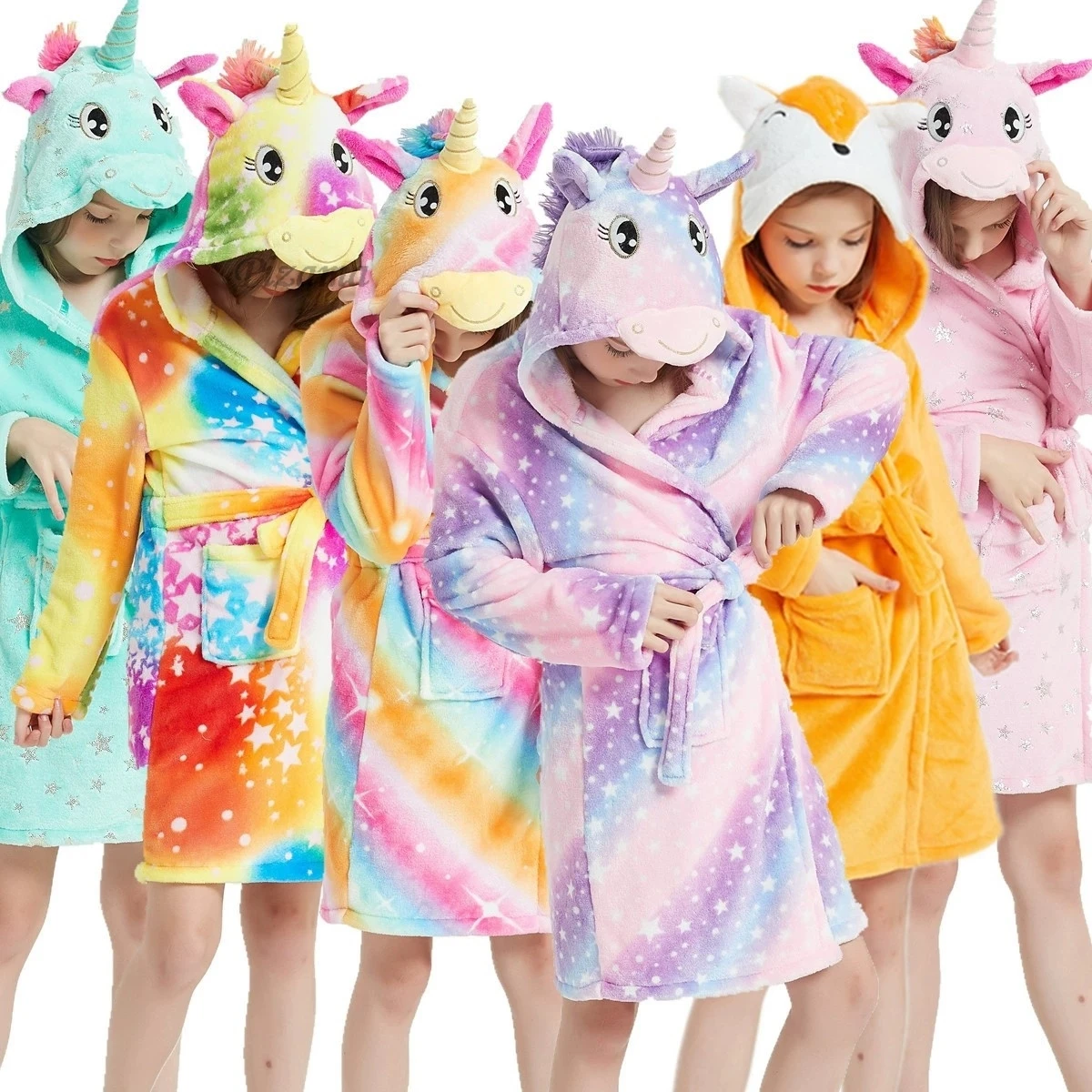 Winter Warm Girls Flannel Unicorn Kigurumi Bathrobe Children's Pajamas Nightwear Kids Sleepwear Baby Unicorn Fox Animal Robes